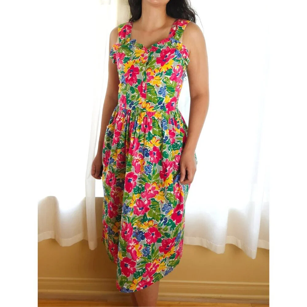 Vintage tropical cotton floral sleeveless midi dress, ruffle sweetheart neckline - Picture 3 of 13